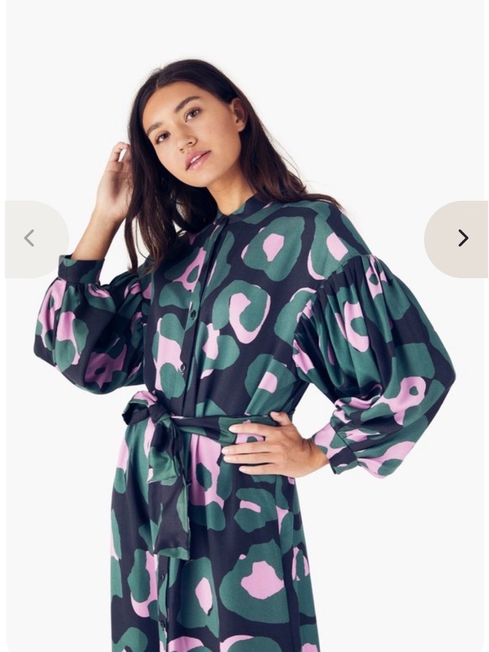 WHIT Long-Sleeve Button-Front Dress in Green & Pink Print